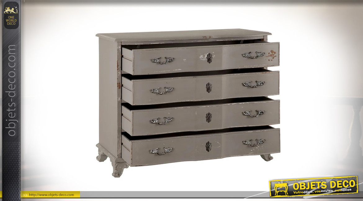 Commode quatre tiroirs en bois de sapin, finition gris plomb vieilli, ambiance classique, 104cm