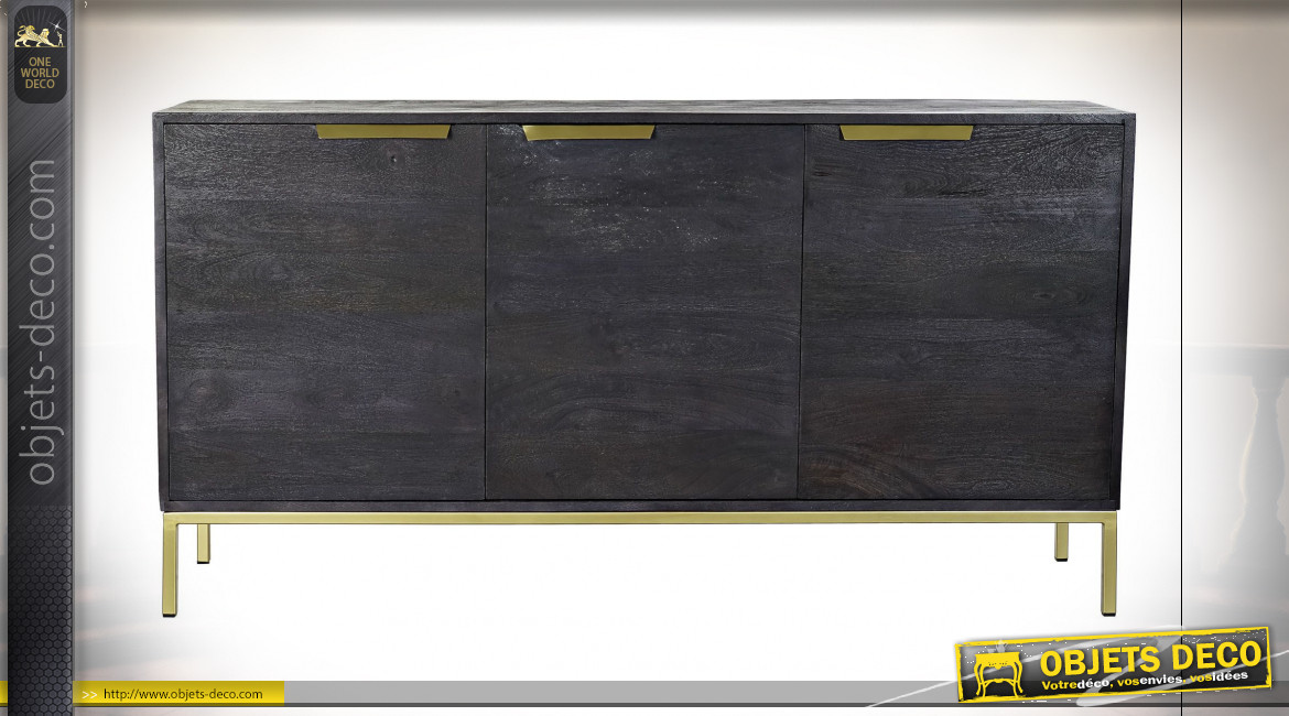 Buffet à 3 portes de style contemporain en bois de manguier finition dorée et noir charbon, 145cm
