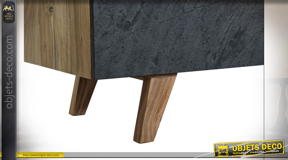 Buffet à 3 portes en bois d'acacia finition noir charbon et naturelle ambiance rétro, 145cm