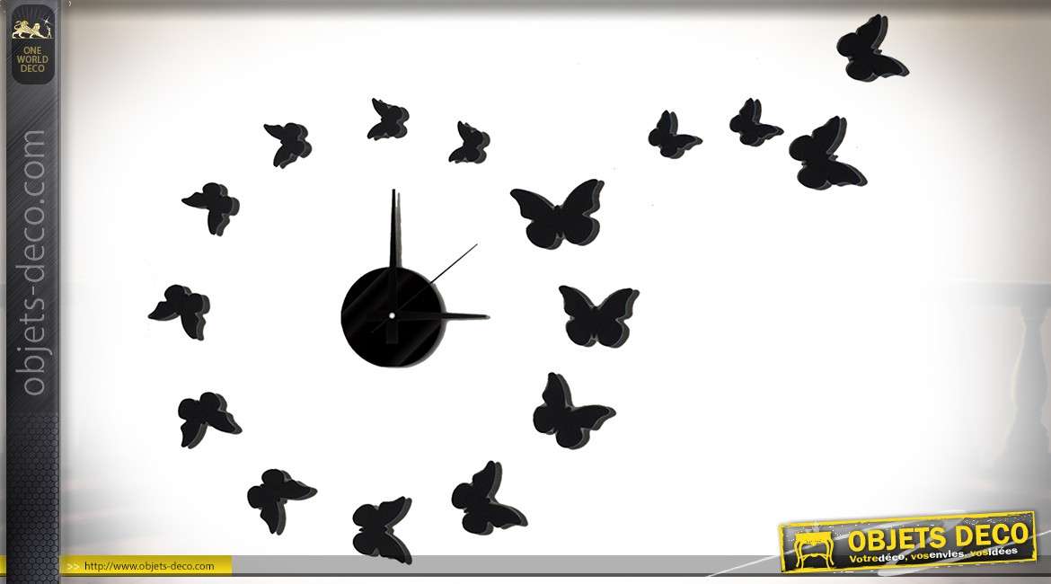 Horloge en sticker 17 éléments à motifs d'ombres de papillons Ø 60 cm