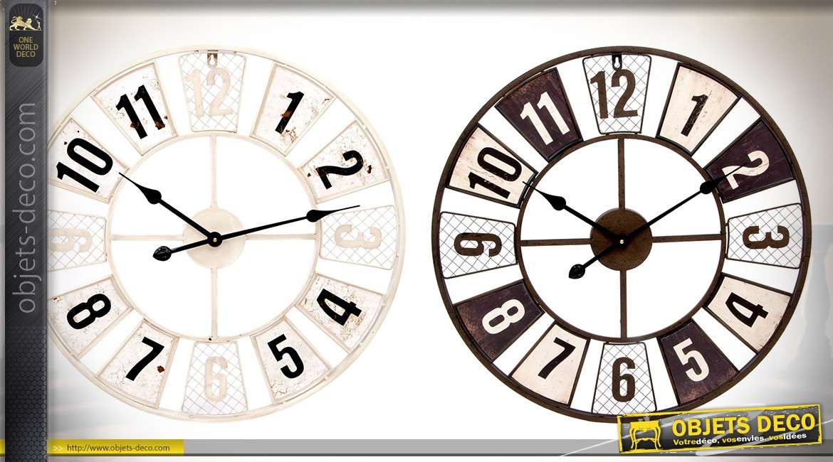 Duo d'horloges murales Ø 60 cm de style rétro et indus. noir et blanc