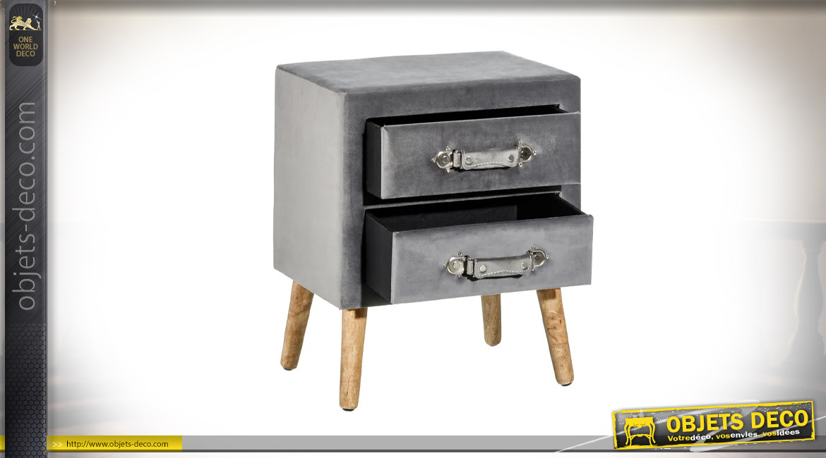 Table de chevet en bois et habillage velours gris ardoise brillant, deux tiroirs, ambiance chic, 53cm