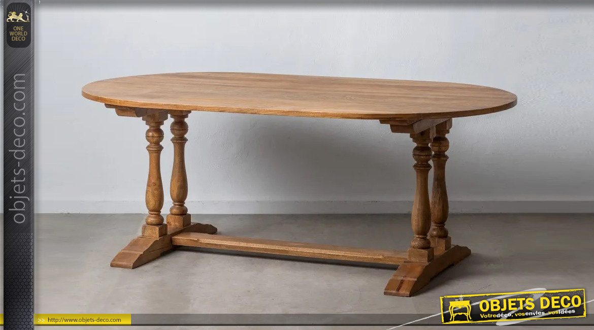 Table de salle à manger en bois de manguier, base esprit Monastère et pieds tournés, finition naturelle, ambiance campagne, 200cm