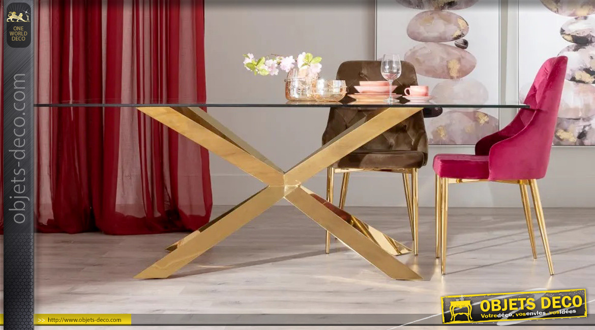 Table de salle à manger en verre et métal, piètement croisé chromé doré, ambiance design épuré, 200cm