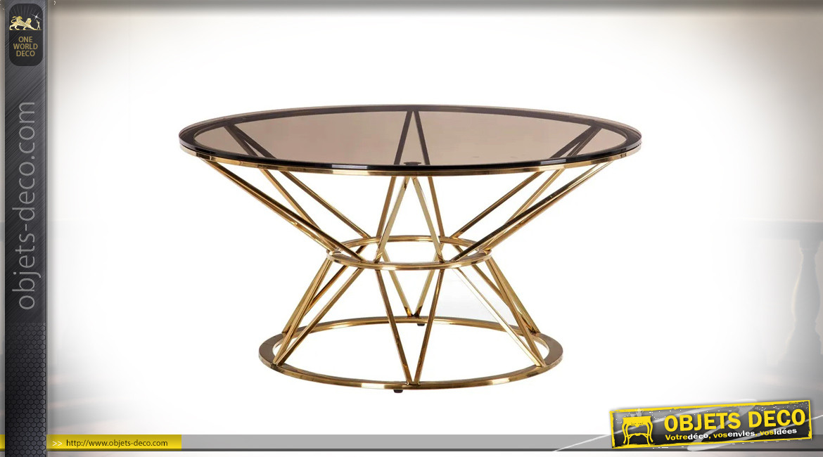 Table basse en acier doré et verre teinté, forme ronde, ambiance contemporaine épurée, Ø90cm