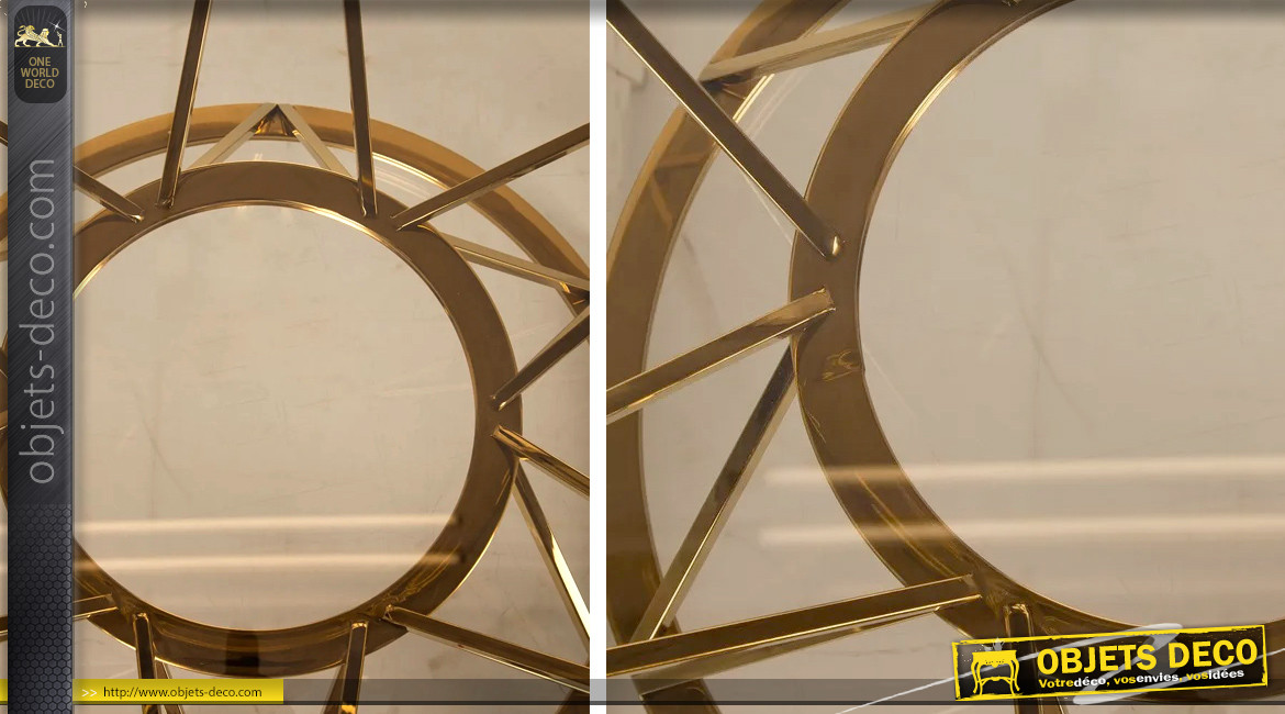 Table basse en acier doré et verre teinté, forme ronde, ambiance contemporaine épurée, Ø90cm