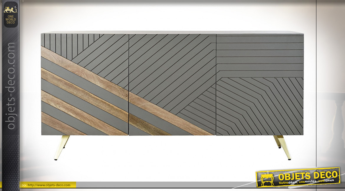 Buffet à 3 portes de style moderne en bois de manguier finition naturelle et gris clair, 145cm