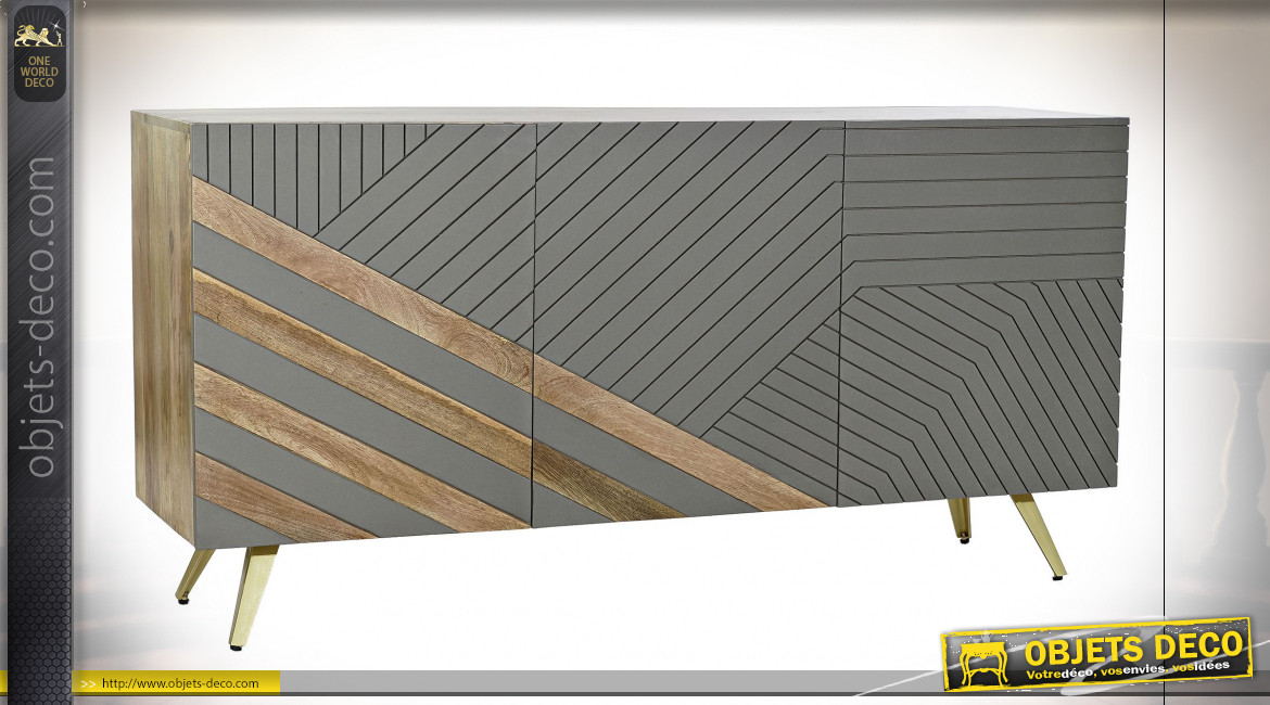 Buffet à 3 portes de style moderne en bois de manguier finition naturelle et gris clair, 145cm
