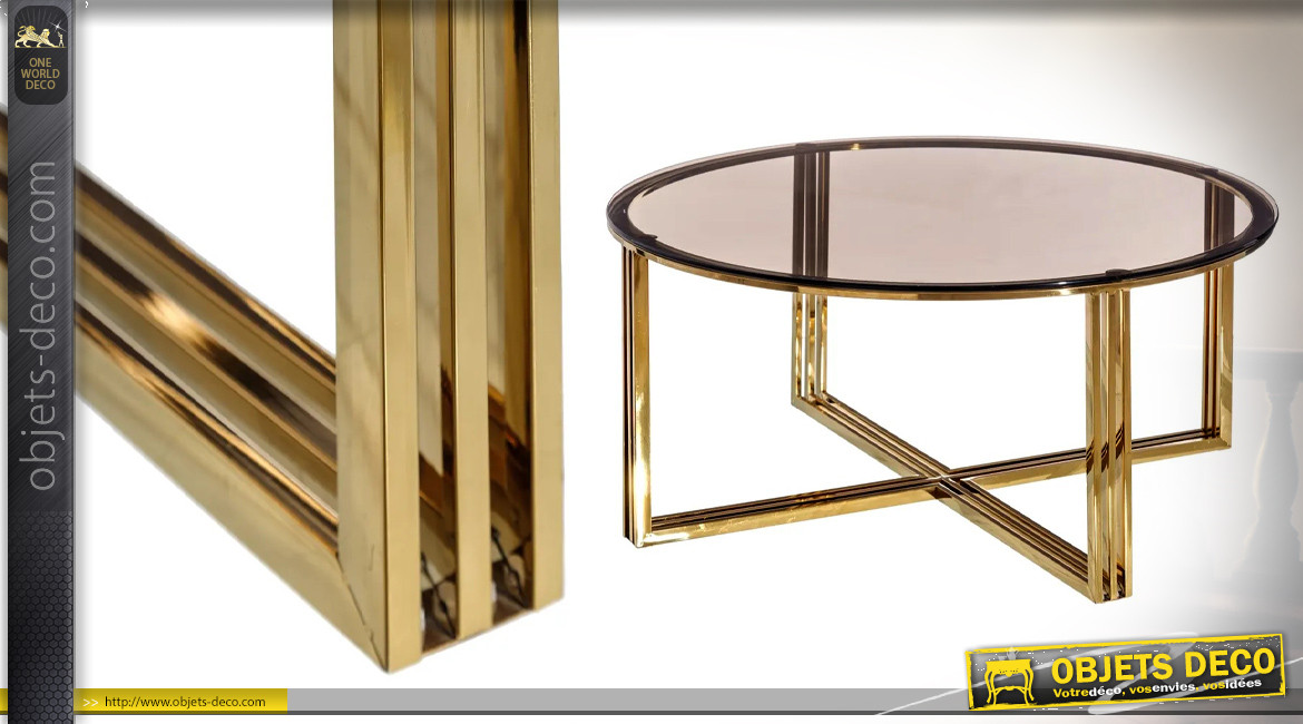 Table basse en acier doré et verre trempé teinté, de forme ronde, ambiance design moderne, Ø90cm