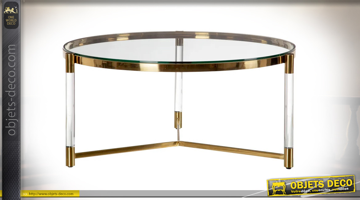Table basse en acier inoxidable et en verre trempé, finition doré chromé, ambiance design moderne, Ø90cm
