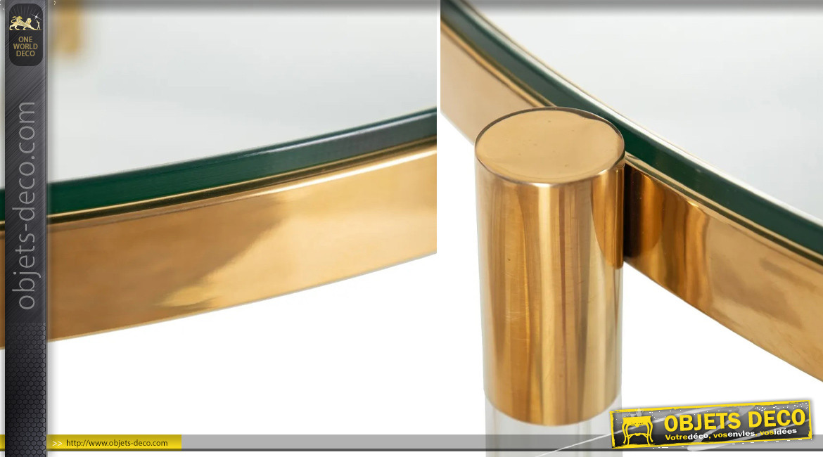 Table basse en acier inoxidable et en verre trempé, finition doré chromé, ambiance design moderne, Ø90cm