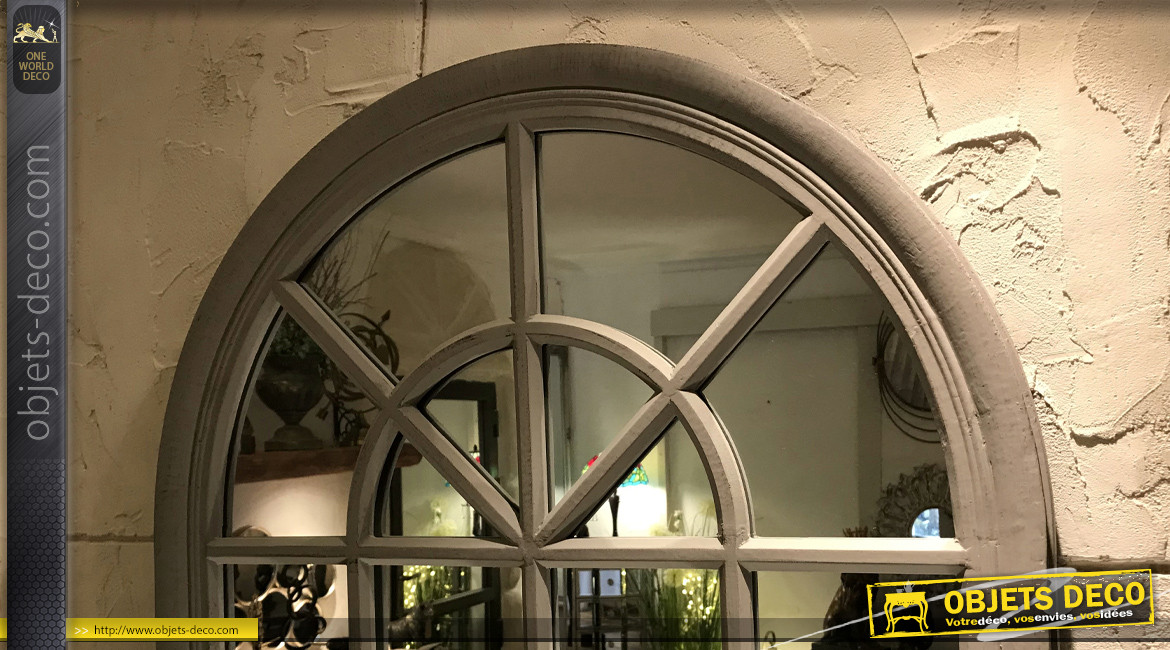 Miroir en forme de grande fenêtre arrondie patine gris antique, 130cm
