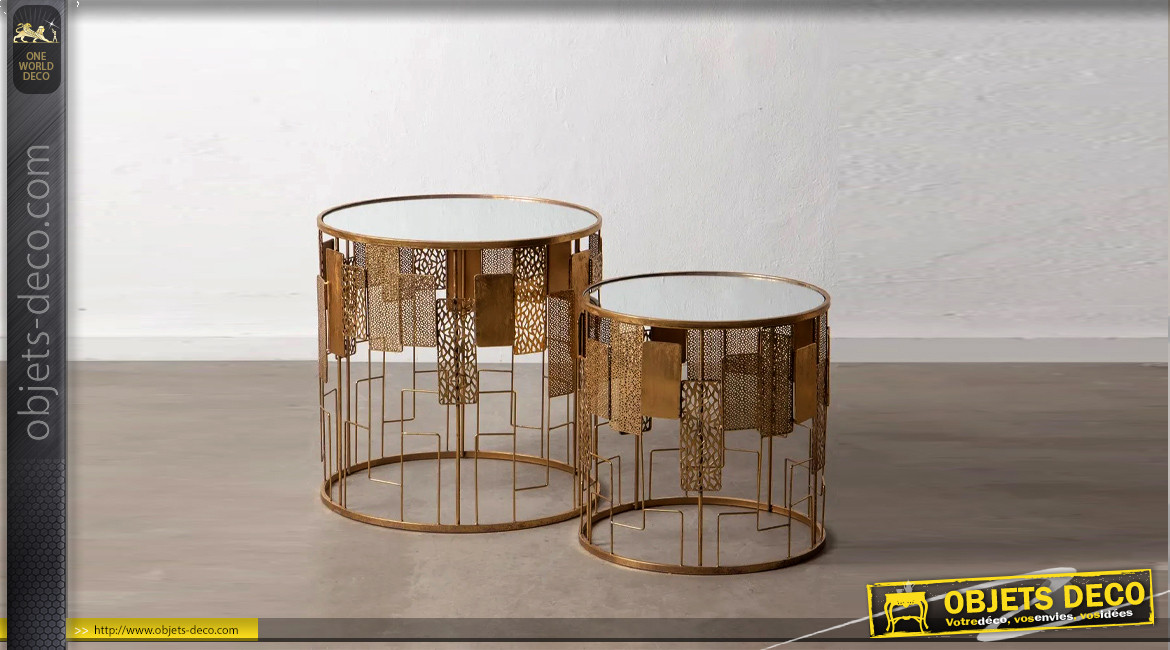 Série de 2 tables auxiliaires rondes en métal doré et plateau en verre, ambiance contemporaine chic, Ø60/50