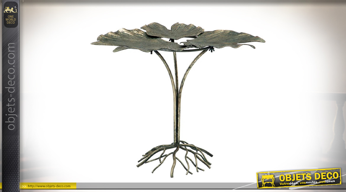 Table d'appoint décorative en forme de nénuphar avec pied en racines, ambiance nature chic, finition vieux bronze, 71cm