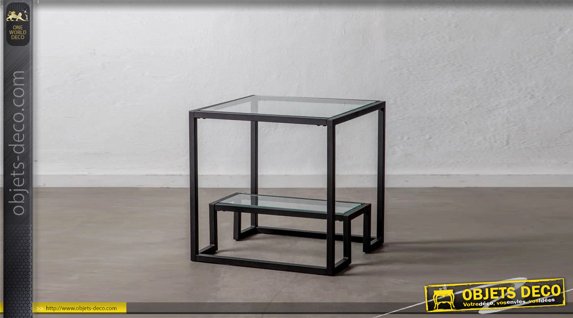 Table d'appoint cubique en métal charbon et verre trempé, ambiance géométrique moderne, 60cm