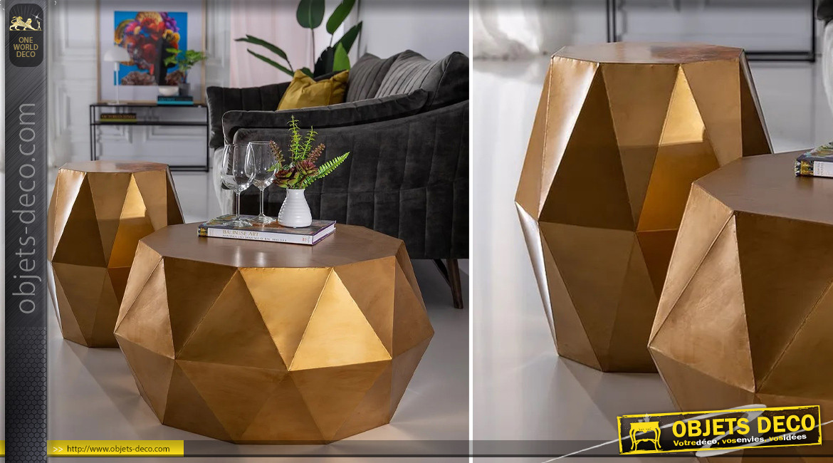 Table d'appoint octogonale en métal, finition doré brossé, ambiance géométrique moderne, Ø46,5cm