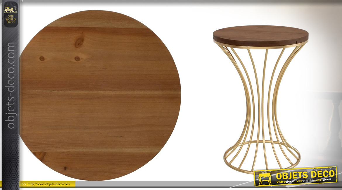 Table d'appoint ronde en métal doré et bois de sapin brut, forme d'hyperbole, ambiance moderne chic, 53cm