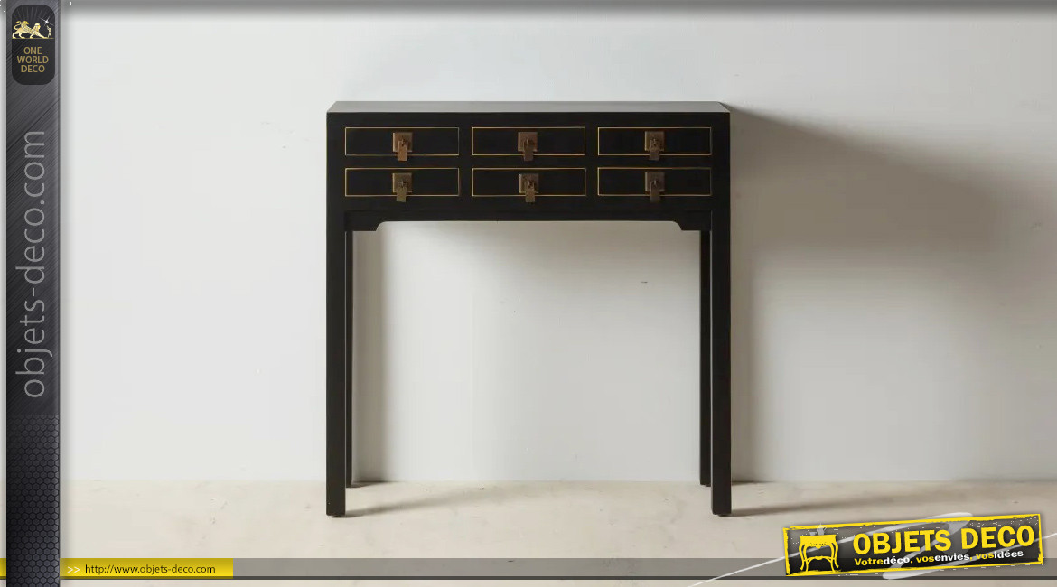 Console à six tiroirs, en bois de sapin finition noir charbon et boutons dorés en métal effet laiton, 85cm