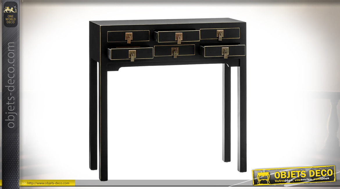 Console à six tiroirs, en bois de sapin finition noir charbon et boutons dorés en métal effet laiton, 85cm