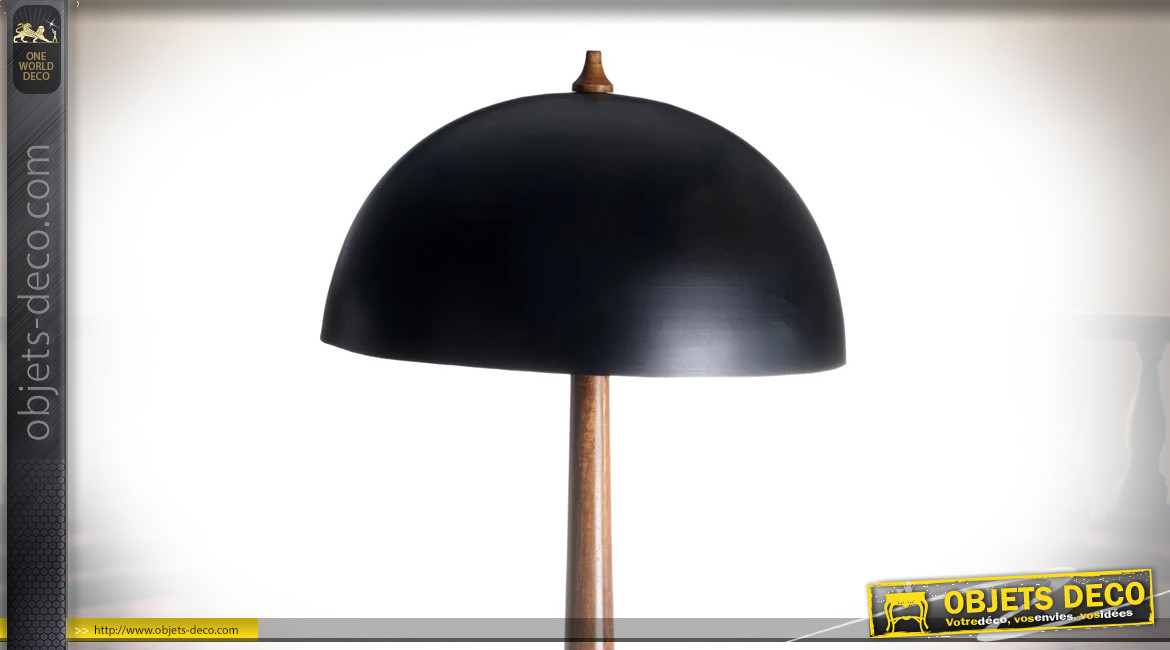 Grand lampadaire en bois de manguier massif et abat jour en métal noir charbon type coupole Ø50cm, 155cm