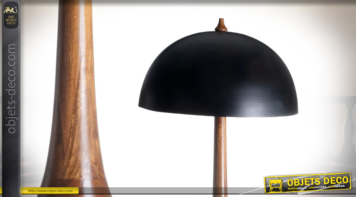 Grand lampadaire en bois de manguier massif et abat jour en métal noir charbon type coupole Ø50cm, 155cm