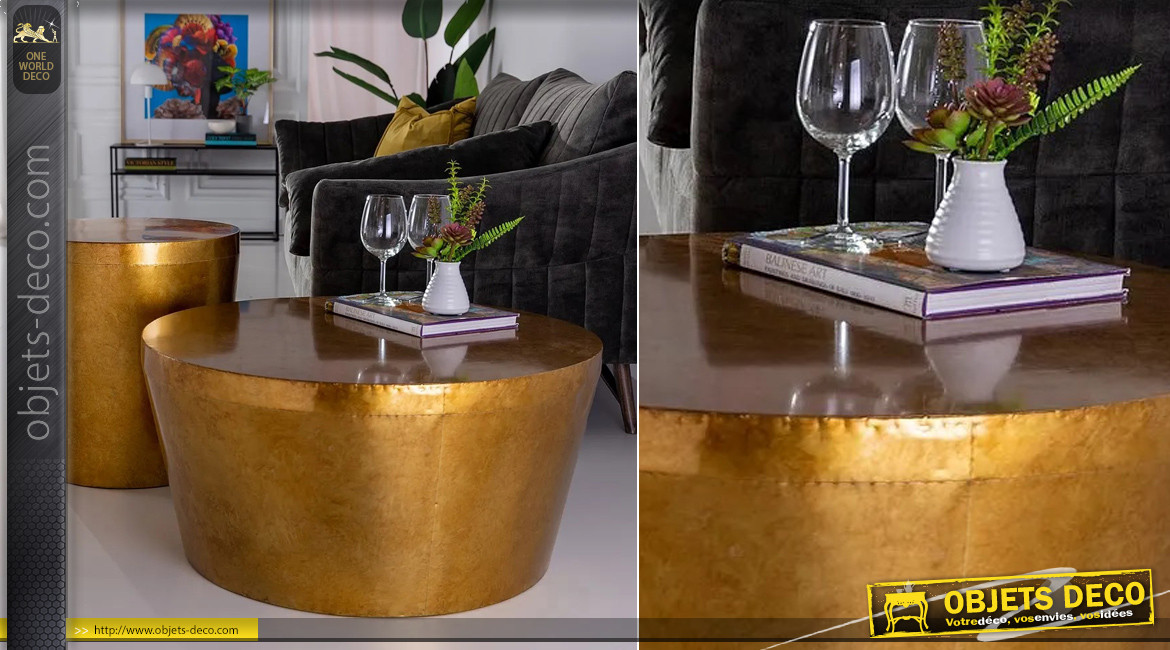 Grande table basse en métal effet bloc cylindrique, finition doré ancien reflets bronze, ambiance moderne, Ø85cm