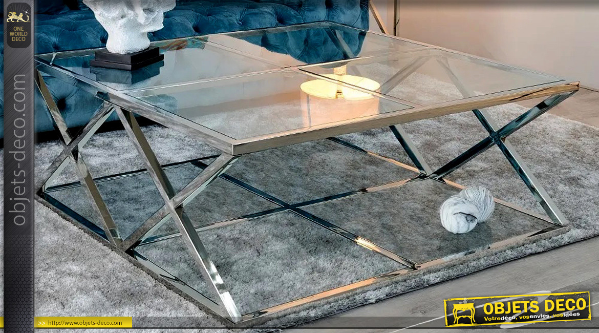 Grande table basse carrée de salon, en métal chromé argent et verre épais, ambiance moderne épurée, 115cm