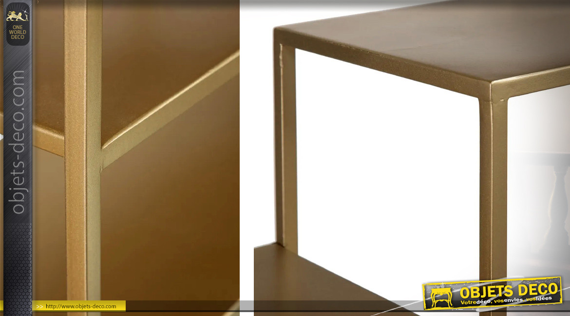 Etagère en métal compartimentée sept espaces, finition dorée effet brossé, ambiance linéaire moderne, 130cm
