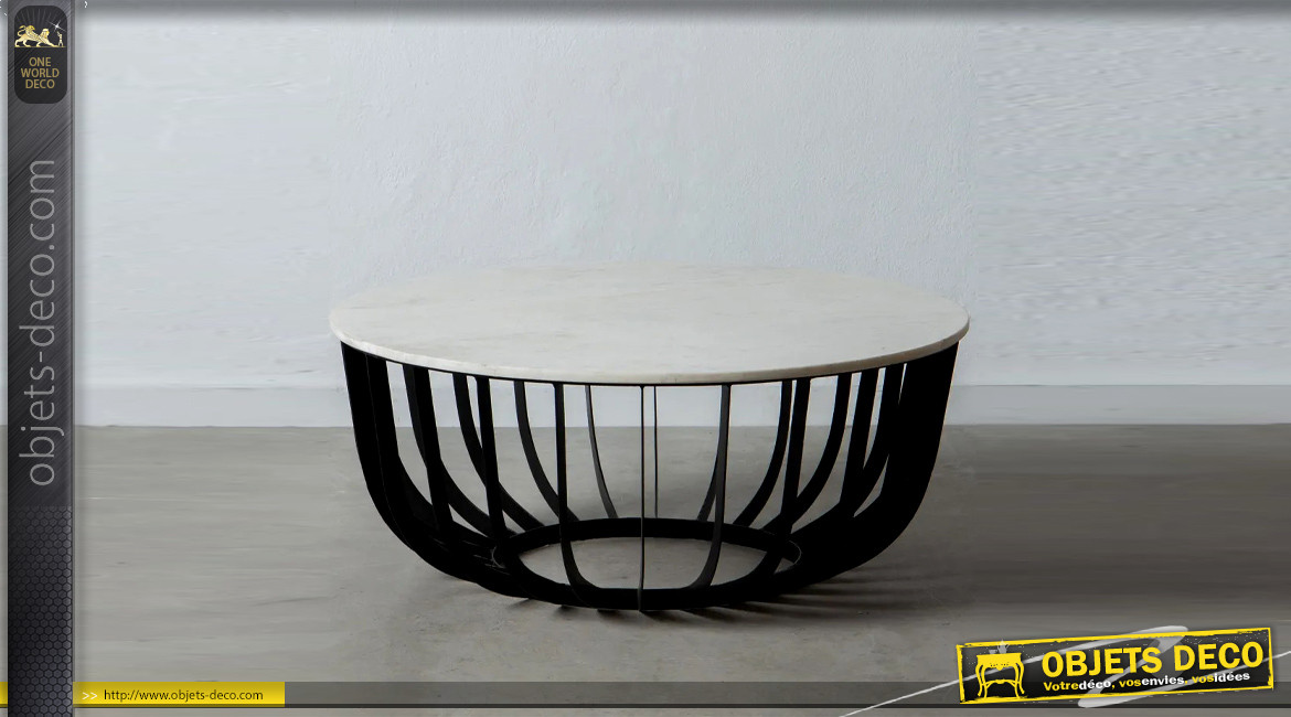 Grande table basse Ø90cm ronde en métal charbon et marbre blanc, ambiance chic contemporaine