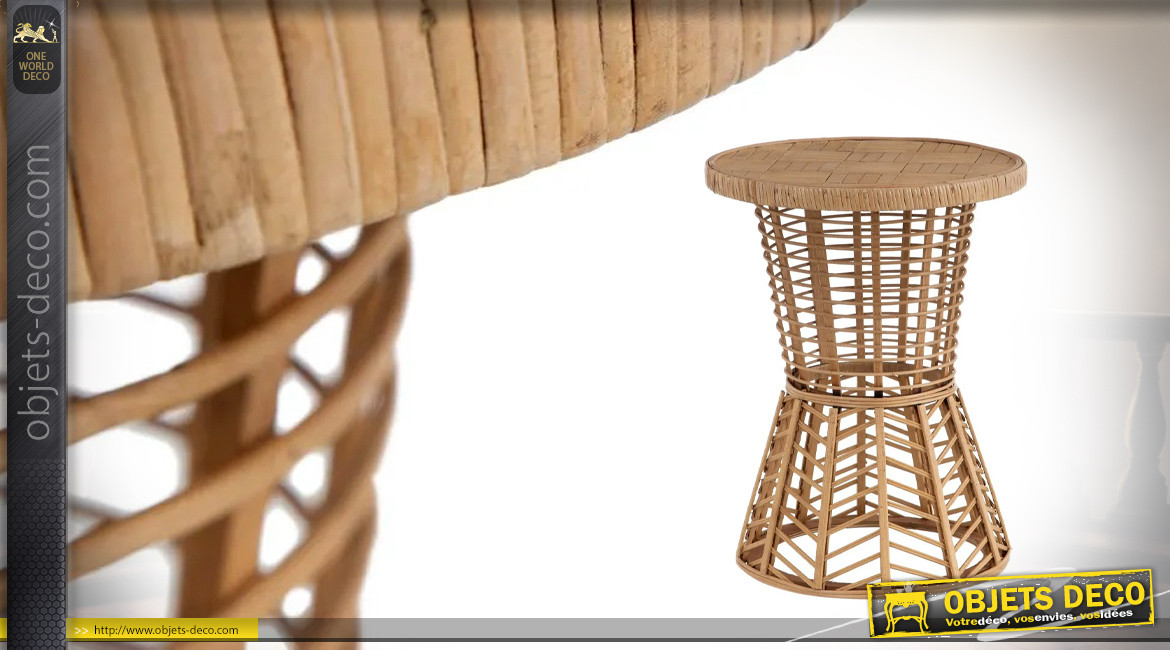 Table d'appoint en bambou tressé, de forme ronde finition naturelle et plateau effet caillebotis, Ø35cm