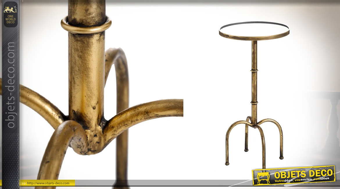Table auxiliaire en métal doré vieilli et plateau miroir, pied en quadripode, ambiance classique chic, Ø35cm