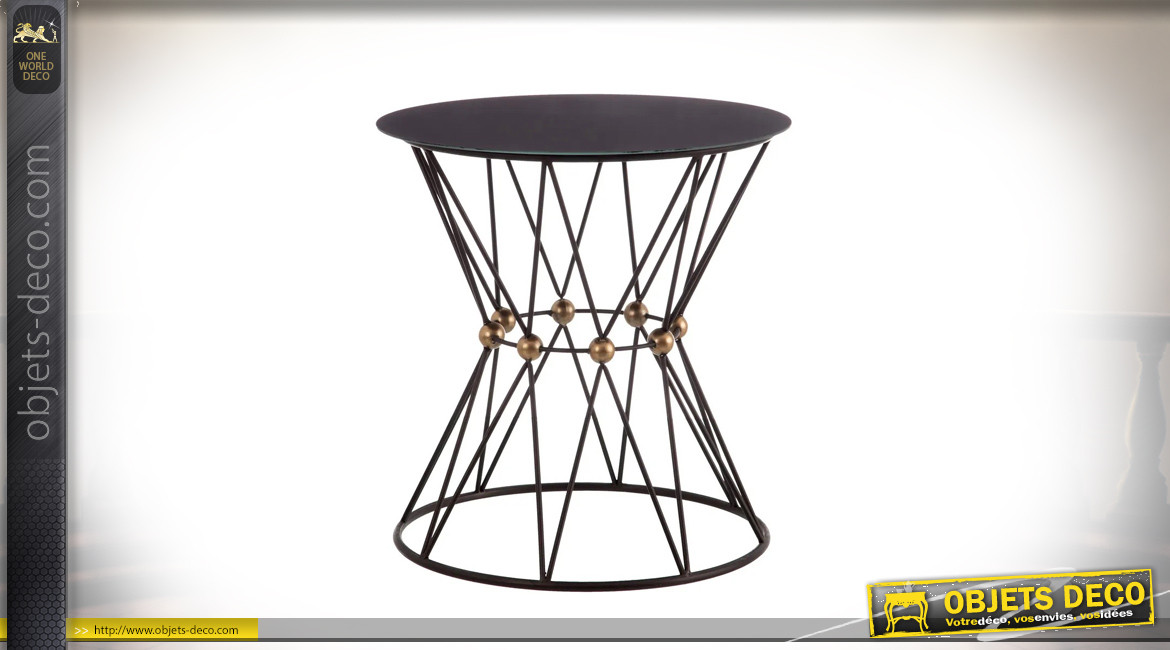Table d'appoint ronde en métal, forme hyperbolique aérienne avec boules dorées centrales, plateau laqué noir, Ø53cm