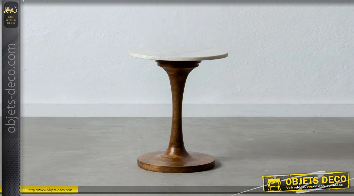Table d'appoint ronde en bois de manguier massif et marbre blanc, ambiance riche belles matières, Ø40cm