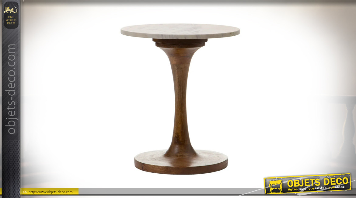 Table d'appoint ronde en bois de manguier massif et marbre blanc, ambiance riche belles matières, Ø40cm