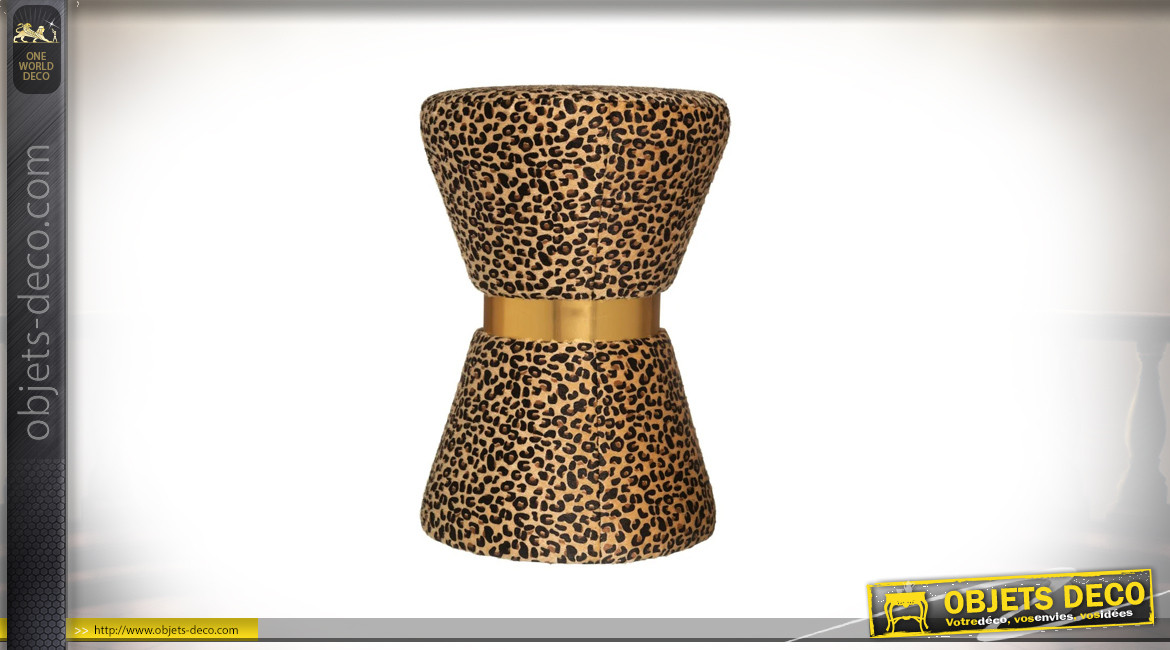 Tabouret léopard en bois et velours, ambiance rétro cabaret avec cerclage doré, Ø32cm