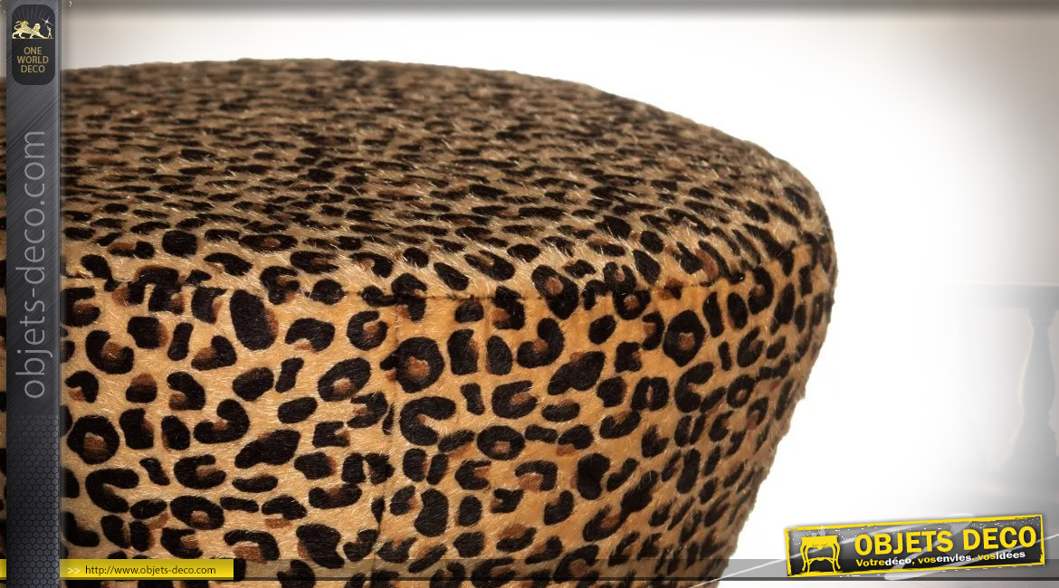 Tabouret léopard en bois et velours, ambiance rétro cabaret avec cerclage doré, Ø32cm