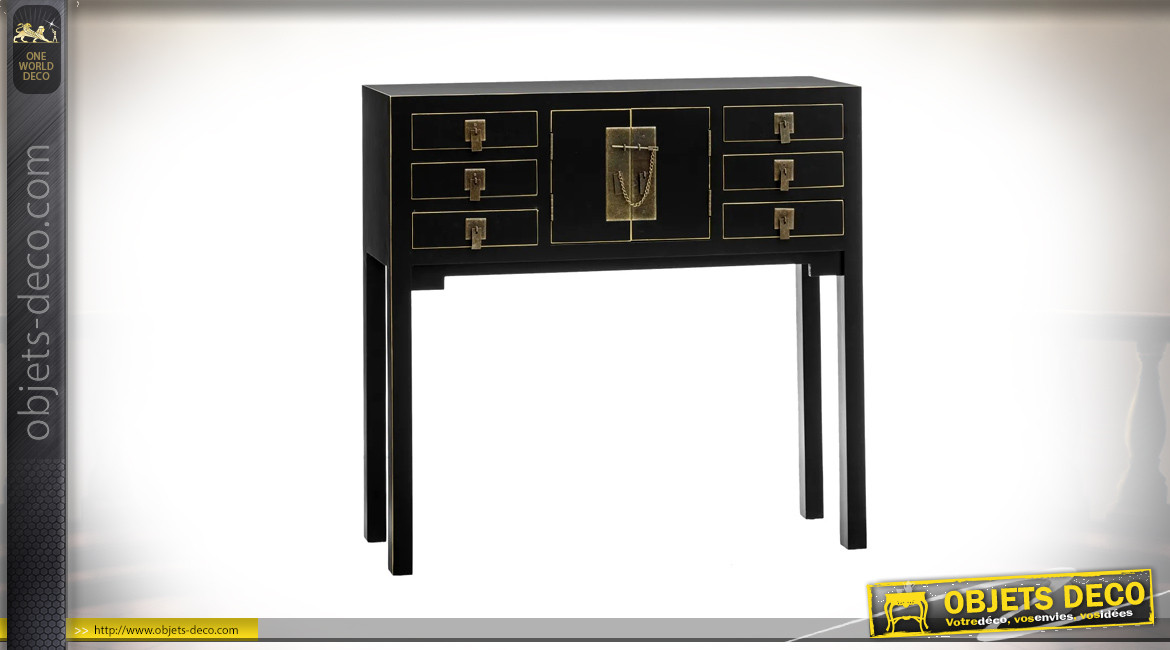 Console asiatique en bois de sapin, six tiroirs et deux portes, fermoir effet laiton doré, 95cm