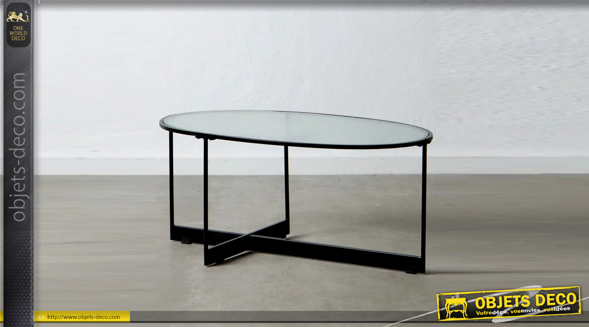 Table basse elliptique en métal et verre épais, ambiance moderne épuré, 90cm