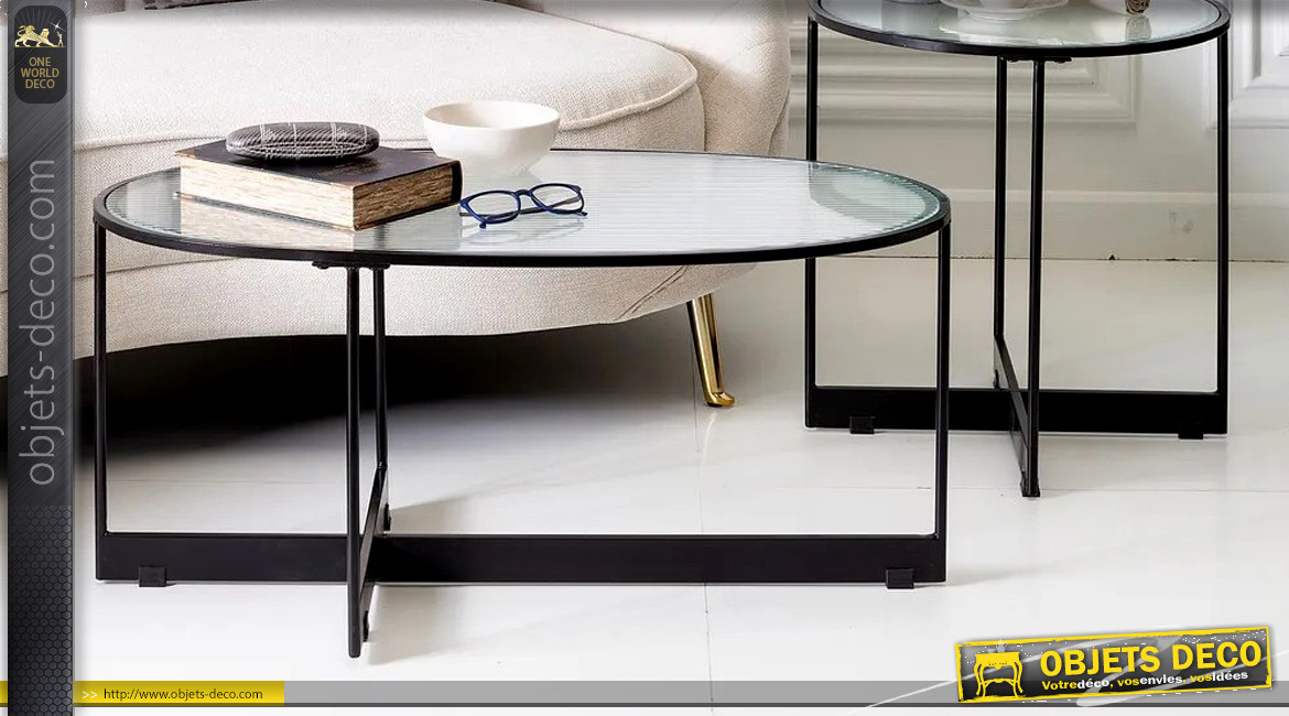 Table basse elliptique en métal et verre épais, ambiance moderne épuré, 90cm