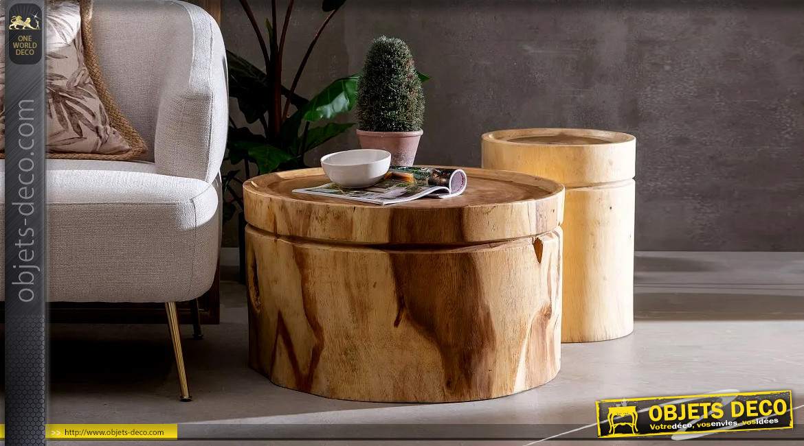 Table d'appoint tronc d'arbre en bois de suar massif, finition naturelle, Ø70cm