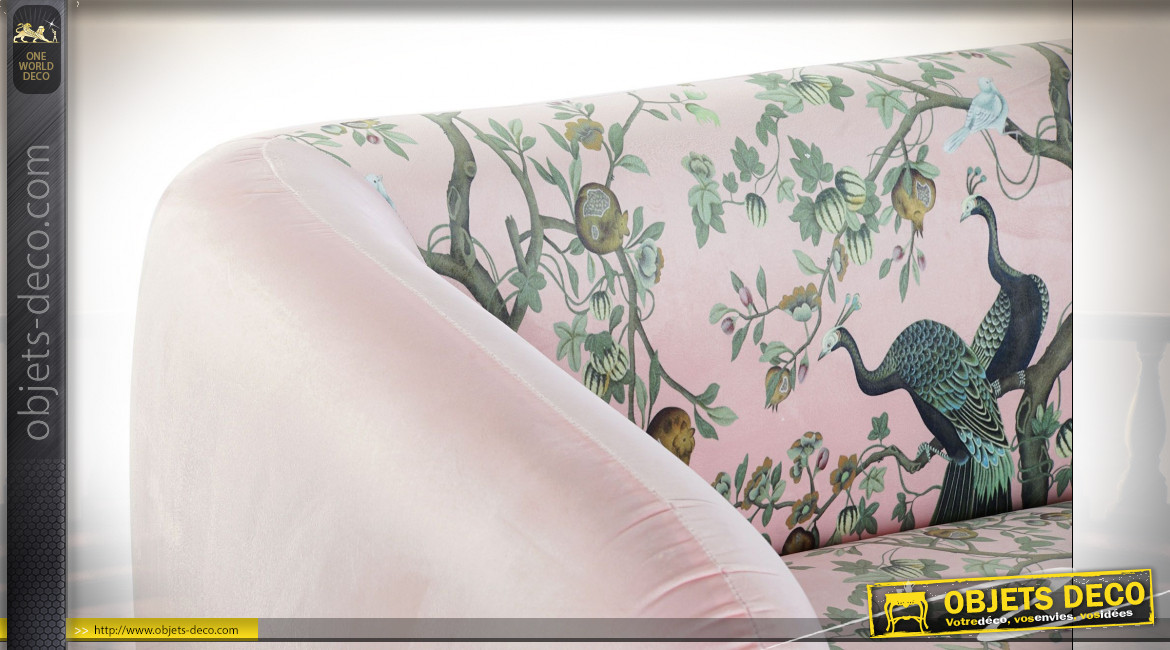 Canapé 2 personnes fintion rose poudré esprit vieille tapisserie fleurie et motifs de paons, 140cm