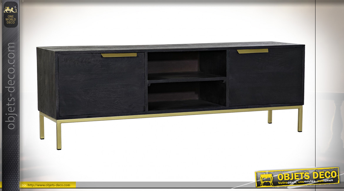Meuble TV de style contemporain en bois de manguier finition noire et dorée, 147cm