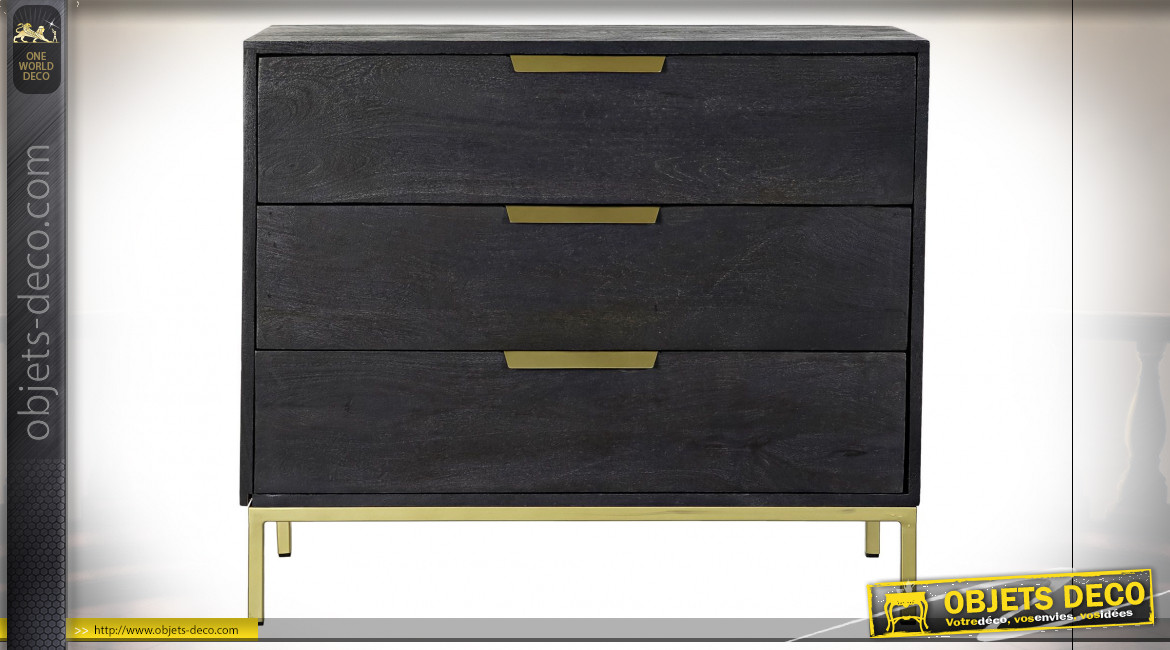 Commode à 3 tiroirs en bois de manguier finition noire et dorée ambiance moderne, 87cm