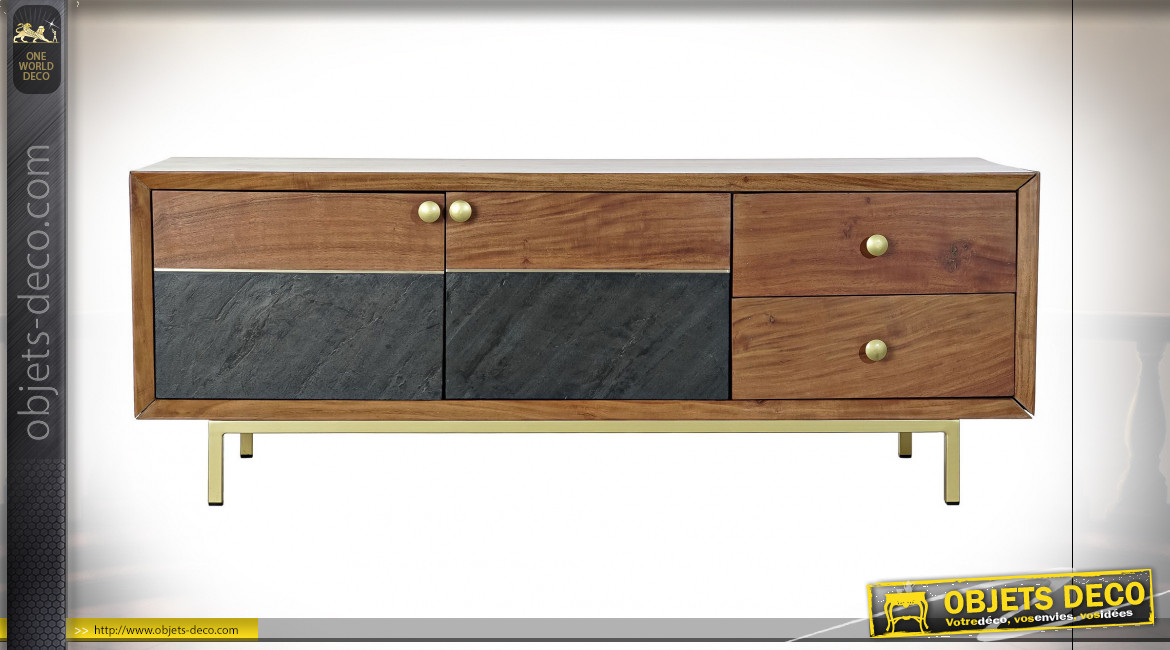 Meuble TV de style rétro en bois d'acacia finition brun clair et poignées dorées, 130cm