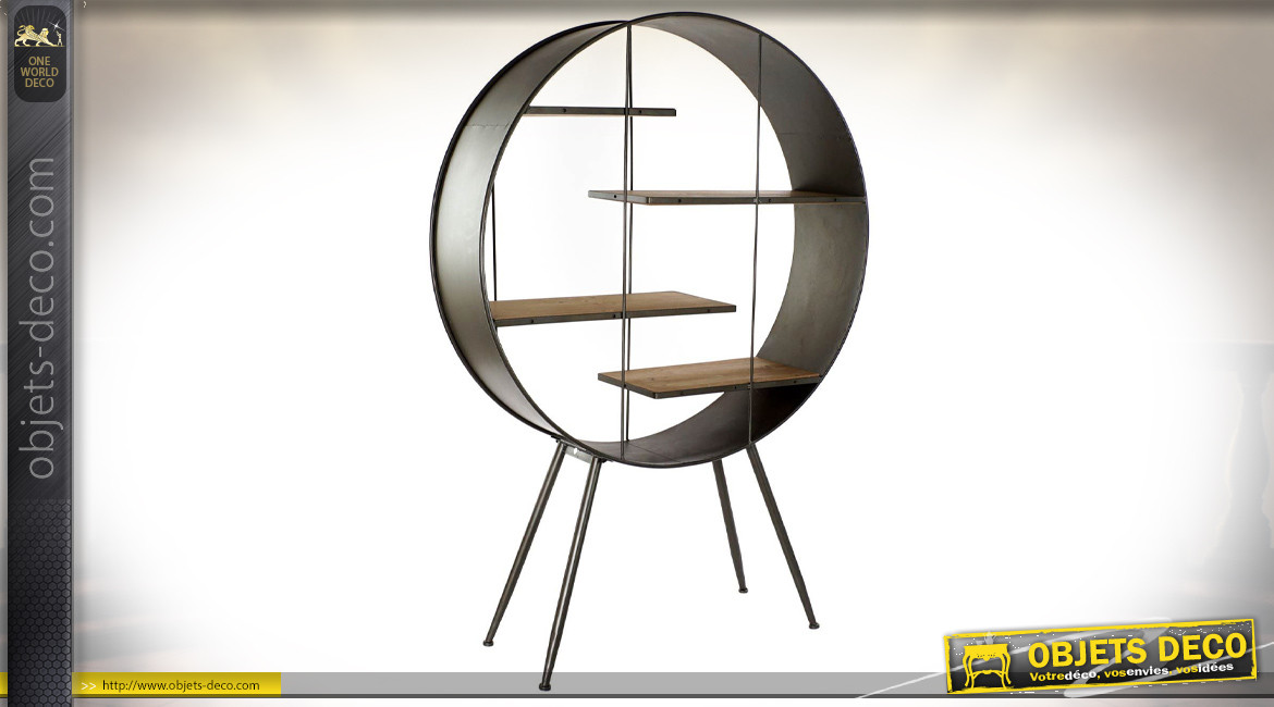 Étagère circulaire en métal gris anthracite et bois finition naturelle ambiance atelier, 173cm