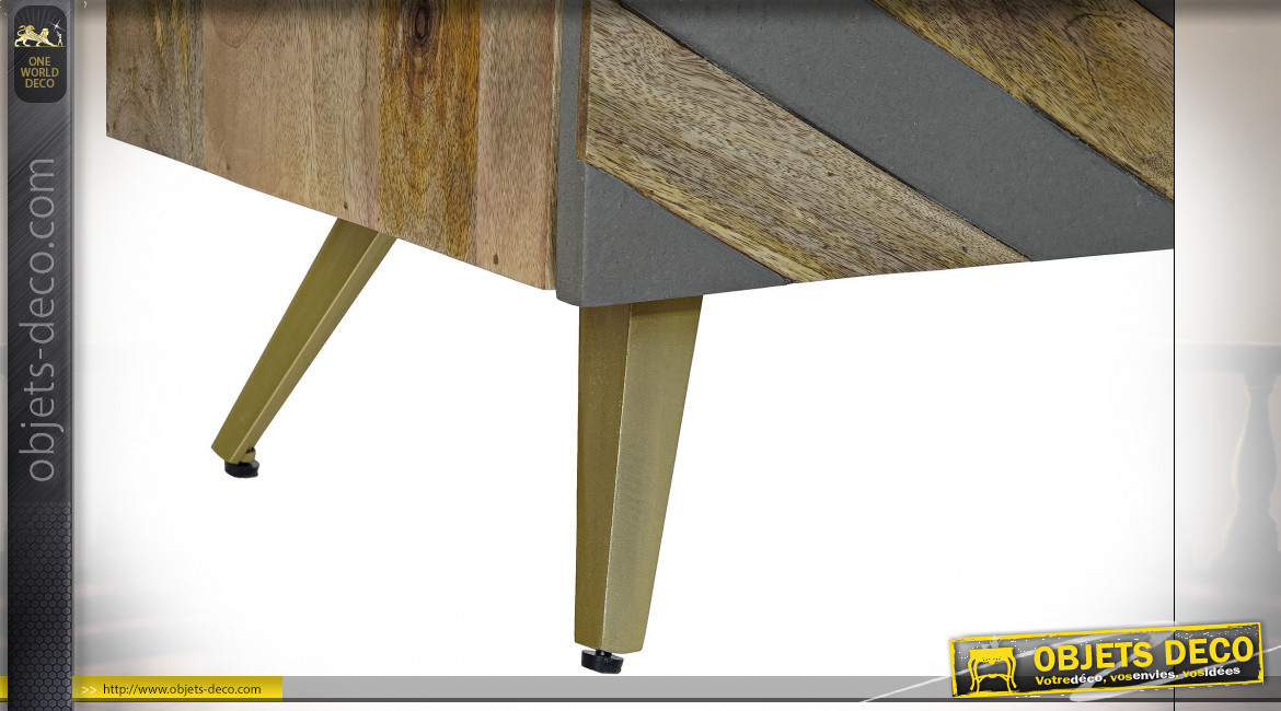 Buffet 2 portes en bois de manguier finition grise et naturelle ambiance moderne, 96cm