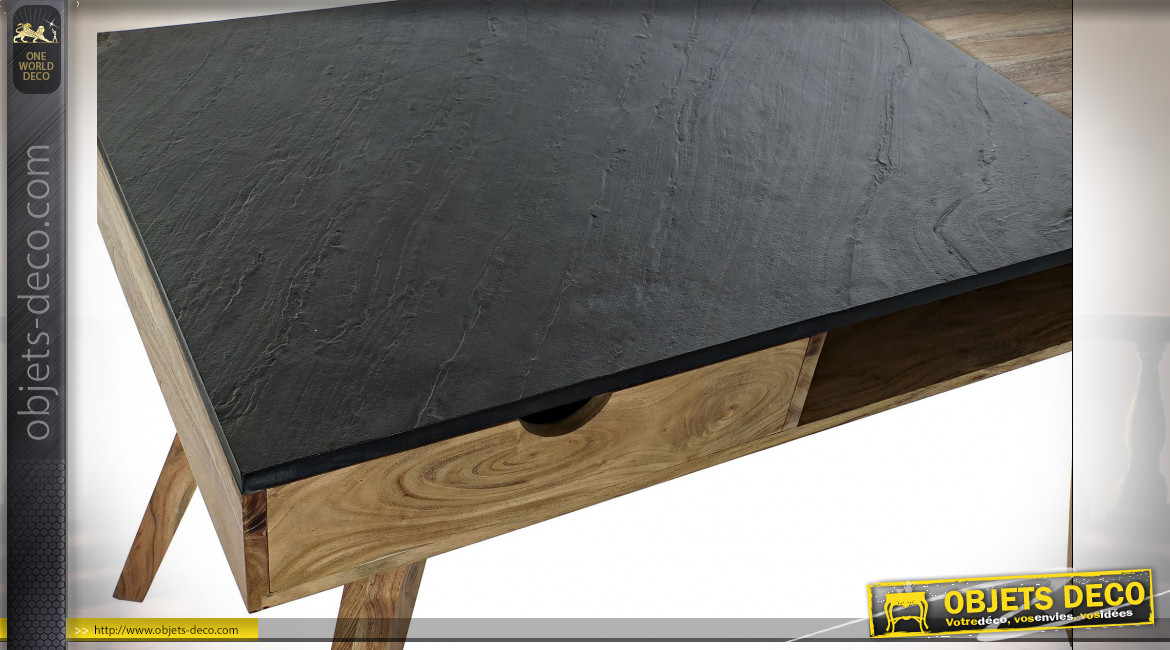 Bureau de style contemporain en bois d'acacia finition naturelle et noire, 120cm