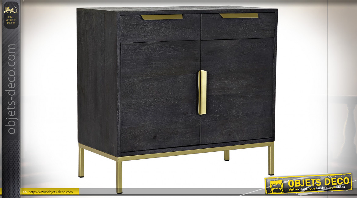Buffet en métal doré et bois de manguier finition noir charbon de style contemporain, 80cm