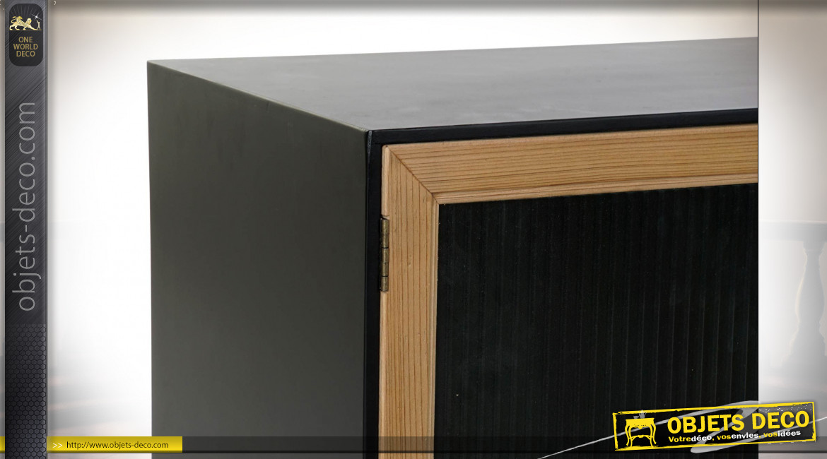 Meuble TV à 2 portes en métal noir et bois finition naturelle de style atelier, 140cm