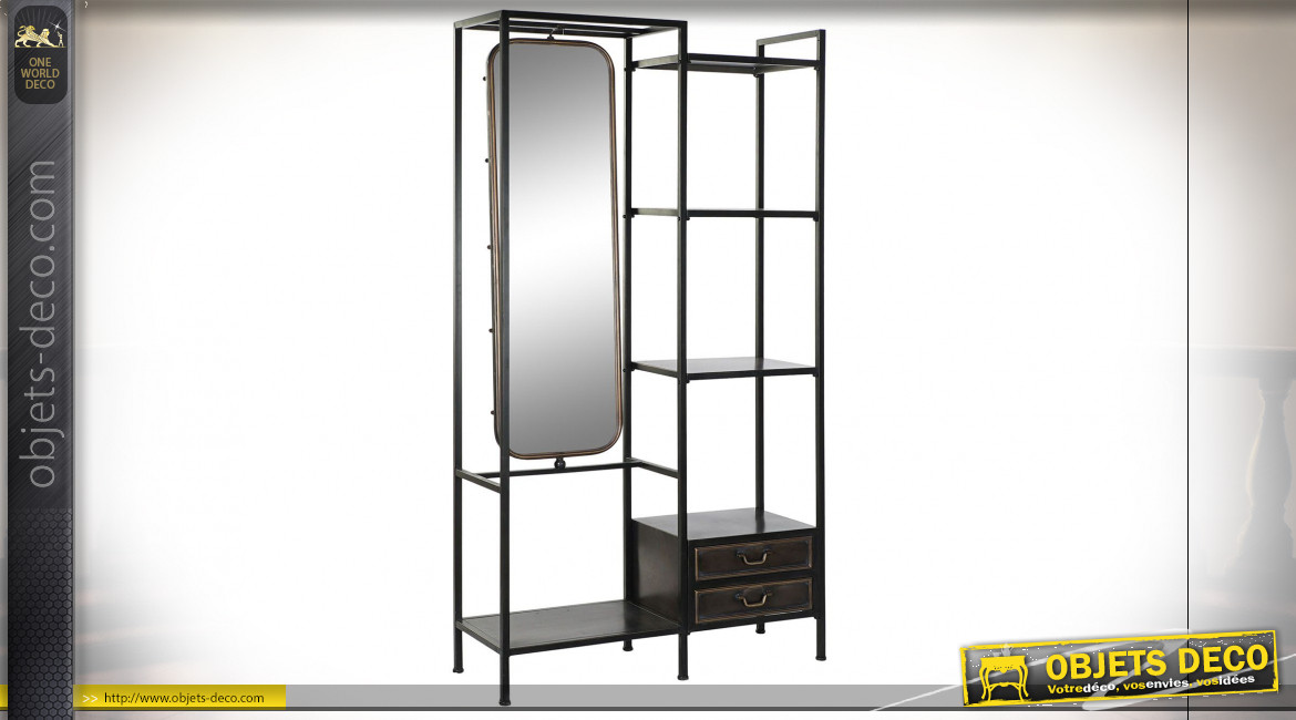 Étagère avec miroir pivotant en métal finition cuivrée et noire ambiance industrielle rétro, 185cm